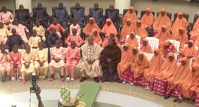 Governor Uba Sani with the freed schoolchildren on Monday, March 25, 2024